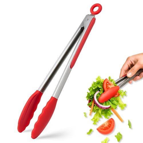 Pinzas de cocina, Pinzas de barbacoa, Pinza para cocinar, Material de acero inoxidable con silicona, Apta para alimentos, Pinza Ensalada, Libre de BPA, Mango Anti-Deslizante, Rojo, Longitud 34 cm