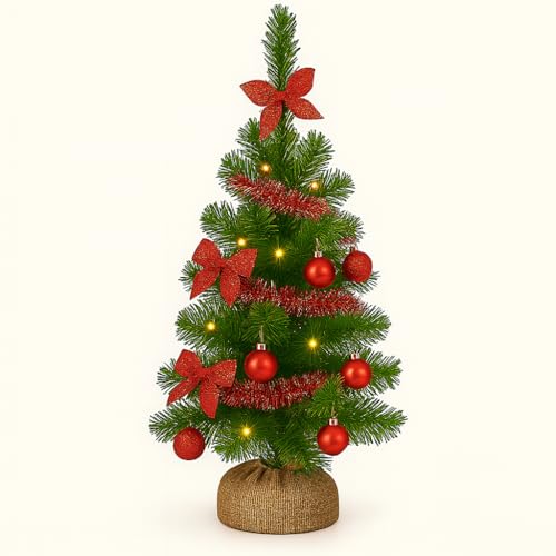 60cm Pre Lit Artificial Mini Christmas Tree with Lights and Decorations - 2Ft. Indoor Battery Operated LED Decorated Green Xmas Tree- Hessian Style Base (60cm) (Green and Red)