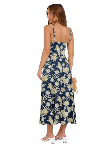 Image of YATHON Women's Summer Midi Corset Boho Dresses Spring Casual Floral Spaghetti Straps Lace Up Dress Flowy Aline Beach Sundress