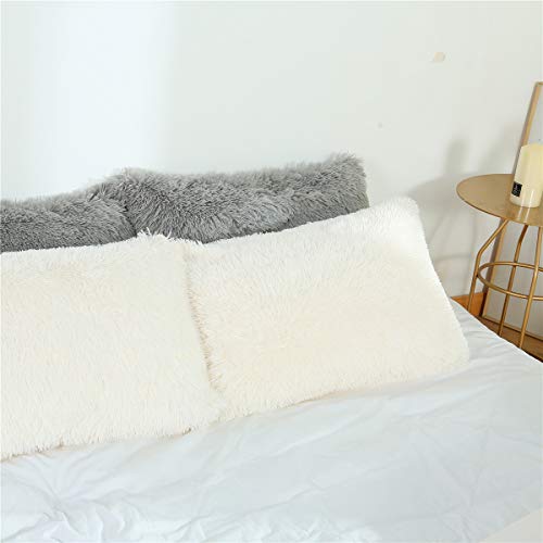 Tenghe Solid Plush Standard/Queen Pillowcase 2 Pack Super Soft Fluffy Faux Fur Shaggy Pillow Cases/Covers Decorative Throw Pillow Shams With Zipper Closure.no Inside Filler (Cream White,20"×30") #TOP5