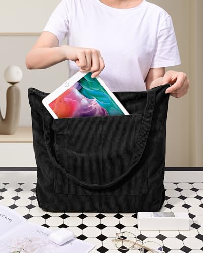 Image of Iioscre Corduroy Tote Bag for Women,Hobo HandBags with Zipper,Large Capacity Casual Shoulder Handbags with Inner Pockets