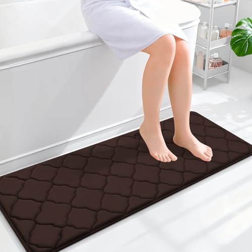 OLANLY Memory Foam Bath Mat Rug 47x17, Ultra Soft and Absorbent Bathroom Rugs, Non-Slip, Comfortable, Machine Washable Bath Carpet for Bathroom Floor, Tub, Shower and Home Decor Accessories, Brown
