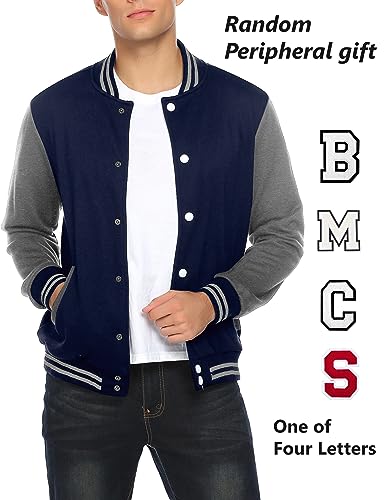 Image of COOFANDY Mens Slim Fit Varsity Baseball Jacket Bomber Cotton Premium Jackets, Navy /Grey, XX-Large