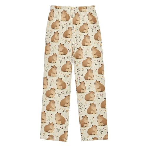 Boys' Pants Brown Capybaras Floral Leaves Long Bottoms Jogger Pants Elastic Waist Trousers with Pockets S-XL