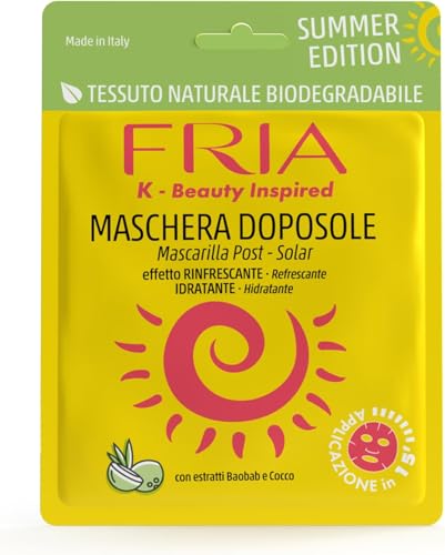 Fria K-Beauty Maschera Viso Doposole con Baobab e Cocco, Azione Idratante e Rinfrescante sulla Pelle, Dermatologicamente Testata, Confezione da 5 Maschera