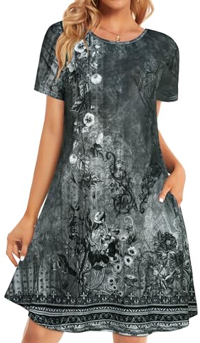 elescat Casual Summer Dresses for Women Beach Sundress Short Sleeve Pockets Loose Fit Swing Tshirt Dress (SlateGray Boho, L)
