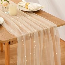 1 Pc First Communion Decorations Gauze 10 ft Table Runner Glitter Metallic Foil Sheer Tulle Chiffon Cheesecloth Sequin Table Runner for Wedding Party Anniversary Birthday Champagne Gold