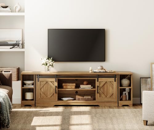 Image of WAMPAT Farmhouse TV Stand for 80-85 inch TV with Distressed Wood Finish