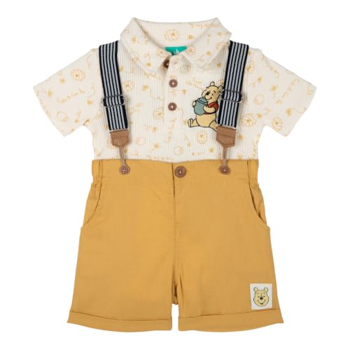 Disney Winnie the Pooh Baby Boys Ribbed Polo Creeper and Suspender Shorts Outfit Mustard Yellow 0-3 Months