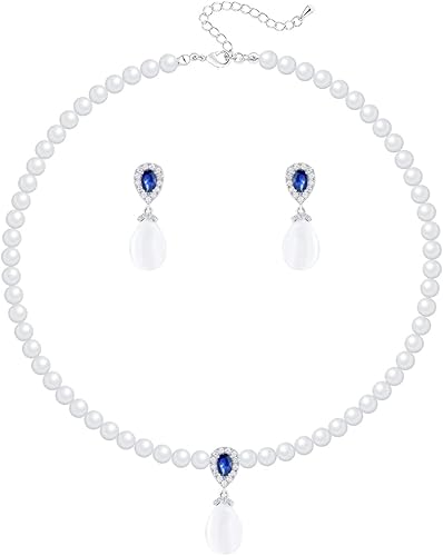 Juego de collar y aretes de perlas redondas de circonita cúbica para mujer