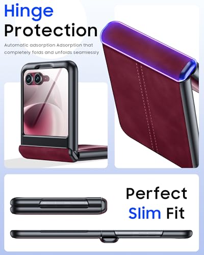 Image of for Motorola Razr 2026 Case with Hinge Protection & Built-in Outer Screen Protector, Ultra-Thin PU Leather Matte PC Shockproof Cover, Slim Protective Phone Case for Moto Razr 2026-Red