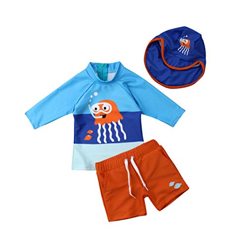 Toddler Baby Boy Swimsuit Long Sleeve Sunsuit Short Pants Hat with UPF 50+ Sun Protection 3Pcs Fish Swimwear (1-2 T, Blue)