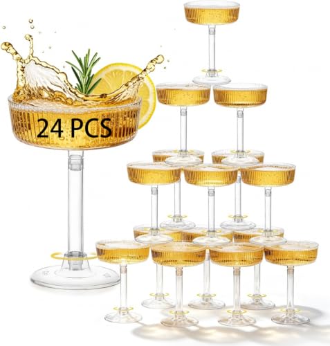 HEITOUHUI 24 Pack 6oz Plastic Martini Glasses, Ribbed Coupe Glasses Set, Disposable Vintage Cocktail Cups for Champagne Tower, Wedding, Birthday, Party & Event Glassware