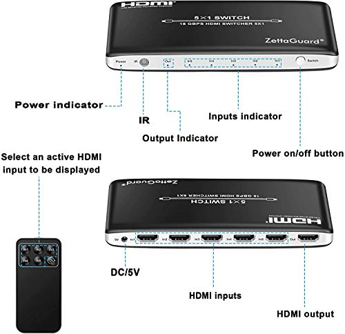 Zettaguard 4K 60Hz 5 Port 5 x 1 HDMI Switch with IR Remote C
