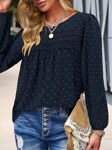 BETTE BOUTIK Womens Boho Fall Long Sleeve Shirts Crewneck Dressy Casual Blouses Trendy Flowy Tops