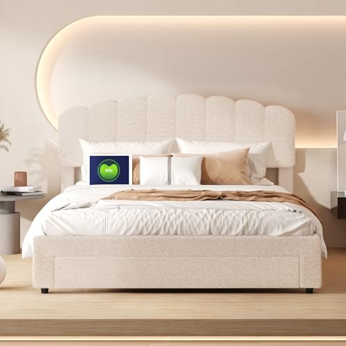 Lit Teddy Beige 160x200 avec Sommier à Lattes, Tête Réglable en Hauteur avec éclairage LED Et Port USB, Lit Coffre avec Tiroir De Rangement, Cadre De Lit...