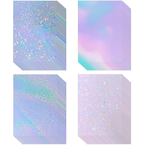36 Sheets Holographic Sticker Paper Waterproof A4 Size Clear Vinyl Sticker Sheets Self-Adhesive Rainbow Overlay Sheets with 4 Styles Mixed Cover