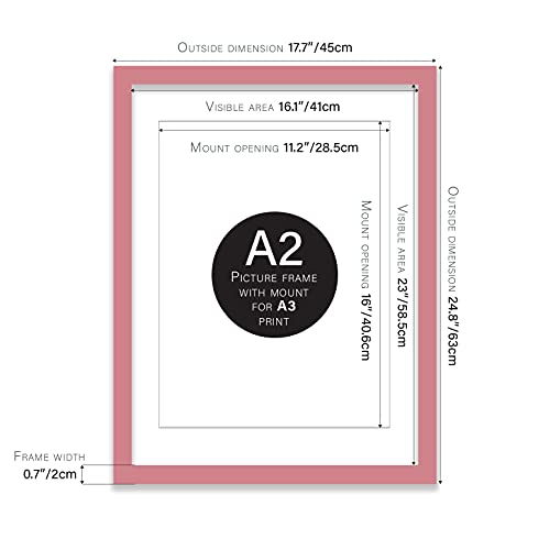 Almost Frameless A2 Pink Picture Frame With White Mount for A3 (29.7 x 42cm - 11.7 x 16.5in) Print, Photo, or Poster. Portrait and Horizontal Wall Hooks