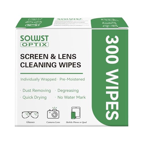 SOLWST Optix Lens Cleaning Wipes - 300 Pre-Moistened, Individually Wrapped Wipes for Eyeglasses, Camera Lenses, Tablets, Phones, Computer Screens, and Other Surfaces