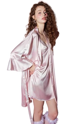 Night Poem Women's Satin Robe, Silk Kimono Robe with Ruffled Cuffs and Sash,Gossamer Pink M