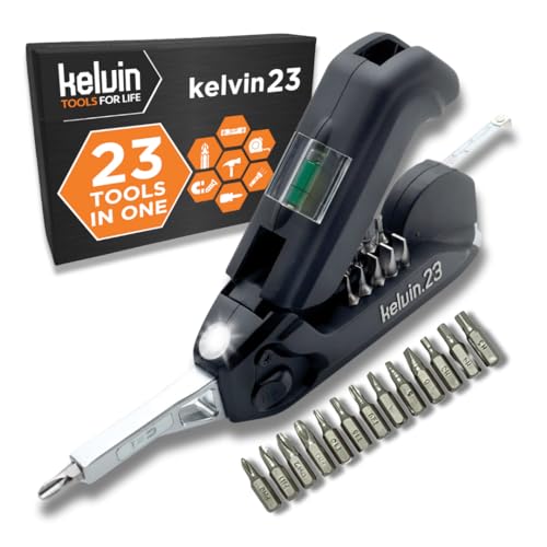 Kelvin Tools Kelvin 23 Urban Multi Tool Screwdriver Set All in One with 16 Bit Set, Tape Measure, Liquid Level, Hammer, Flashlight Multibit Pocket Tool, Universal Precision Screwdriver - Black