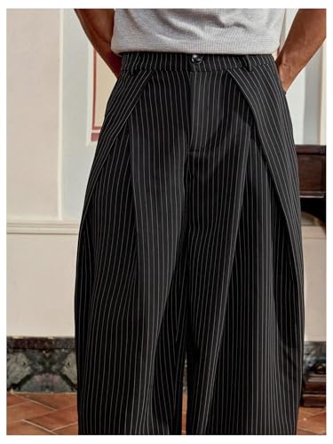 BEAUDRM Men\'s Wide Leg Baggy Pants Zipper Fly Pleated Dress Pants Casual Business Suit Trousers with Pockets Slacks for Men Black Striped X-Large - Thumbnail 4