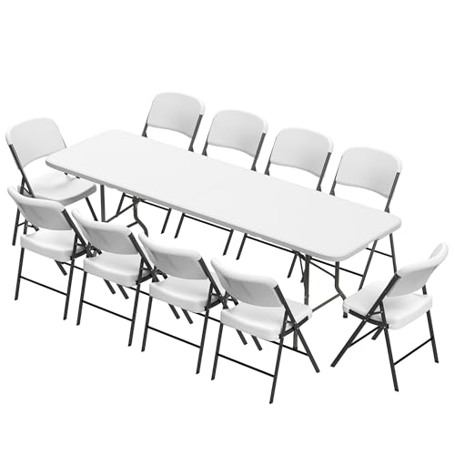 Elevon Folding Table Set with 10 White Folding Chairs,8 Feet