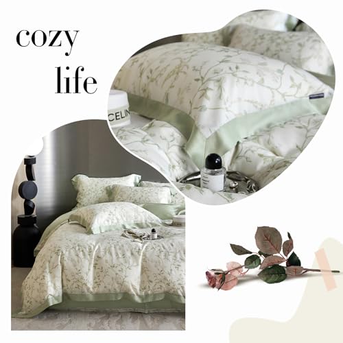 VM VOUGEMARKET Eucalyptus Lyocell Duvet Cover with 2 Pillow Shams,Vintage Garden Flower Bedding Set,Silky Soft, Cool-to-The-Touch Comforter Cover for Summer-King,Mint Green