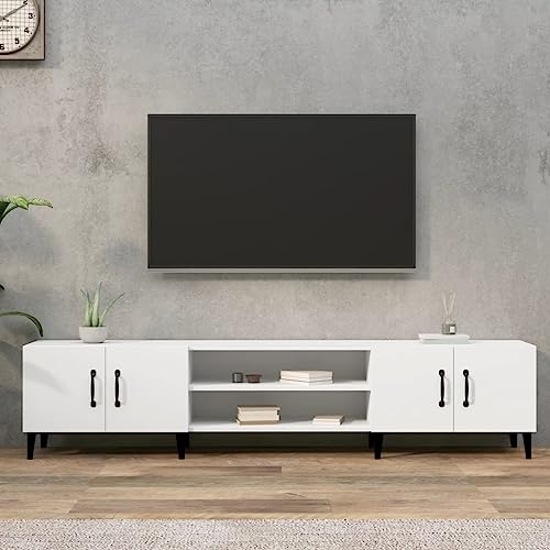 Meuble TV Blanc Moderne 180 cm avec 4 Portes, Étagère Média en Bois d'Ingénierie Durable pour Salon et Salle à Manger, Design Épuré avec Pieds en Métal...