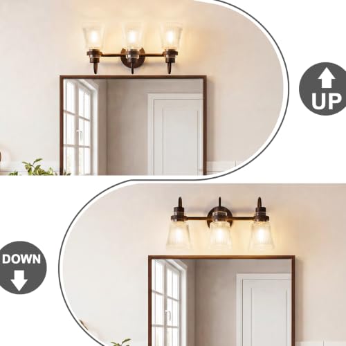 Image of 3-Light Bathroom Vanity Light, Farmhouse Bathroom Light Fixture with Clear Striped Glass Shade, 18.8 Inch Oil Rubbed Bronze Wall Sconce Lighting Over Mirror for Bedroom Hallway Cabinet