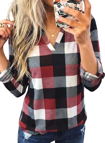 Image of Dokotoo Womens Tops Plaid Cotton Cuffed 3 /4 Sleeve Shirts Blouses