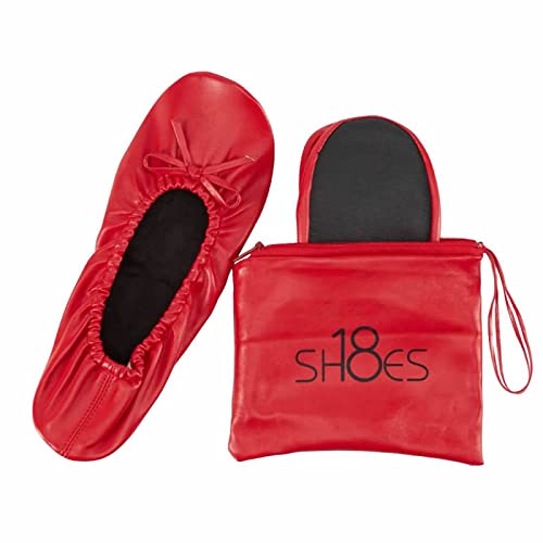 Shoes8teen Women's Foldable Portable Travel Ballet Flat Shoes with Matching Carrying Case SH-18 Red 5/6