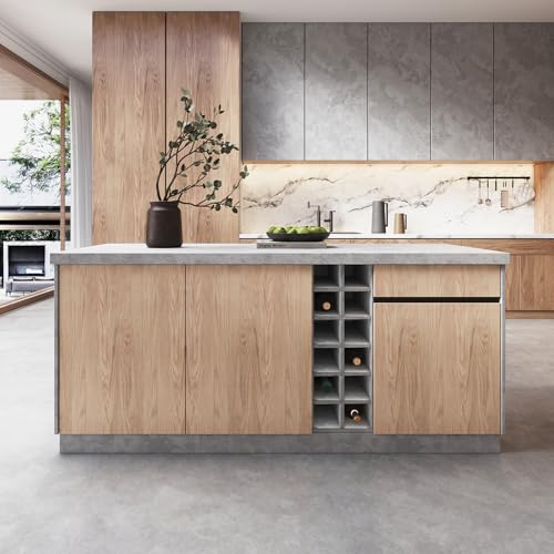 homary 72″ Kitchen Island with Storage Japandi Gray Kitchen Island with Drawer, Wood Cabinet with Wine Rack & LED Light