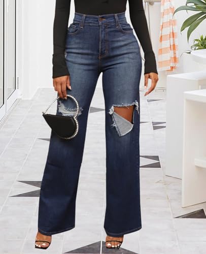 Skinny Bell Bottom Jeans for Women High Waisted Elastic Ripped