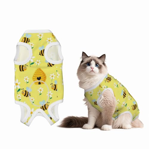 Yellow Honey Bee Hive Dog Recovery Suit Breathable Cotton Abdominal Wounds Protection Anti Licking Onesies