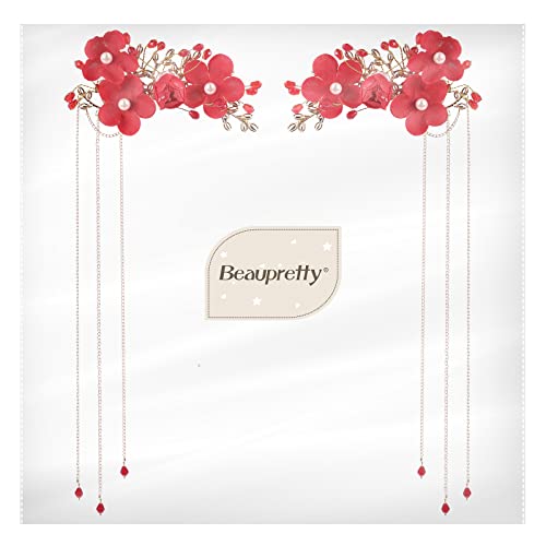 Beaupretty 1 Pair Bridal Tassel Hairpins Flower Pearl Rhinestone Chinese Traditional Style Hair Clip Headdress Festive Wedding Hair Accessories For Bride Bridemate Women Girls Ladies Students(Red) #TOP6
