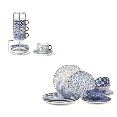 Selamica 2.5 OZ Ceramic Espresso Cups with Saucers and Metal Stand + Ceramic 12-Pieces Dinnerware Sets for 4, Vintage Blue
