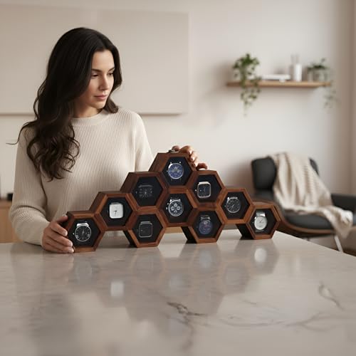 Image of Vintage Wooden Watch Box for Men, Timepiece Display Case, Honeycomb Watch Storage & Organizer, Jewlery Box for Women, Anniversary Gift For Husband (10 Compartments (Other Design))