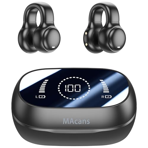 MAcnas Wireless Earbuds Open Ear Clip Headphones Air Conduction Earbuds LED Power Display Earphones Sport Bluetooth 5.3 Headphones (Black)
