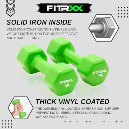 Image of Fitrxx Vinyl Dumbbells With Stand | Men and Women | Non-Slippery Dumbbell for Home and Gym | Full Body Workout (Green, 1 kg, 2 kg, 3 kg = 12 Kg)