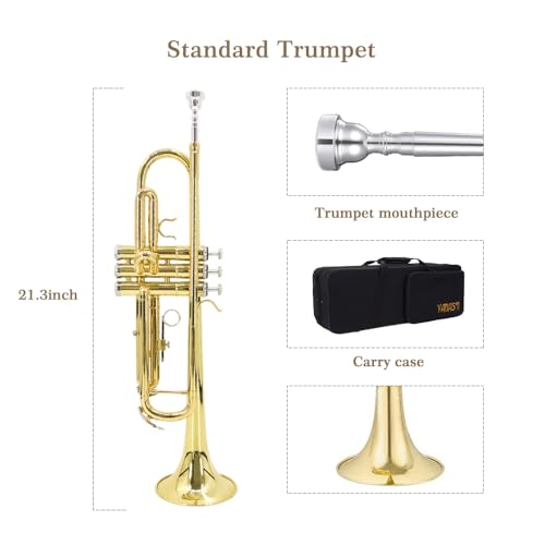 YANASON Bb Standard Trumpet Set for Beginner, Brass Student Trumpet Instrument with Lightweight portable Case, Cleaning Kit, 7C Mouthpiece and Gloves,Golden