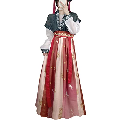 Women's Modern Hanfu Dress Round Collar Duijin Qiyao Ruqun Chinese Tang Dynasty Traditional Costume Dance Performance Wear (Red, M)