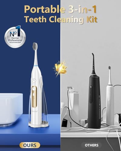 Electric Toothbrush with Water Flosser Combo, Professional Flossing Toothbrush with 3 Sonic Brush Modes & 5 Water Pressures, Cordless Water Flosser for Adults Teeth Cleaning Plaque Removal, White — view 6