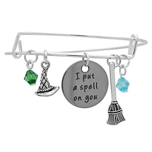 Art Attack Silvertone I Put A Spell On You It's Just A Bunch Of Hocus Pocus Witches Broomstick Hat Halloween Black Beaded Pendant Expandable Bracelet #TOP1
