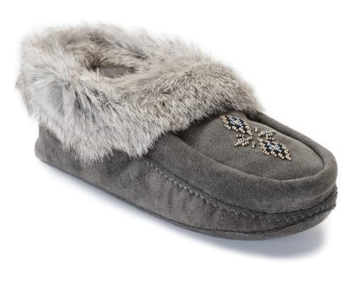 Manitobah Tipi Moccasin - Womens Indoor Slipper, Fleece-Lined, Suede Leather, Rabbit Fur Trim