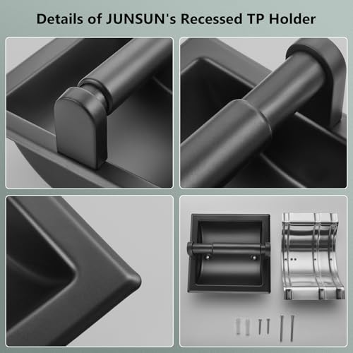 JunSun Recessed Toilet Paper Holder Matte Black Stainless Steel Toilet Paper Roll Holder Tissue Holder Modern Tissue Roll Dispenser 6" X 6" Square Jumbo Mega Roll Holder Rear Mounting Bracket Included