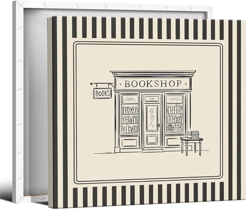 Retro Stripe Bookstore Canvas Wall Art Black Ink Bookstore Sketch
