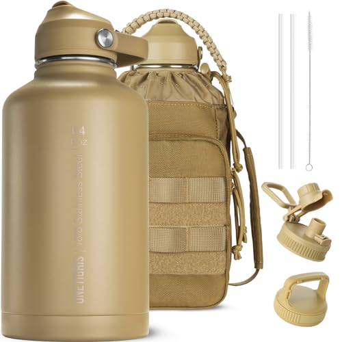 Image of ONETIGRIS Tactical Half Gallon Water Bottle with Straw - 64 oz Vacuum Insulated Stainless Steel Water Jug, Leakproof Sport Bottle with 3 BPA Free Lids, Paracord Handle & MOLLE Water Pouch for Outdoor