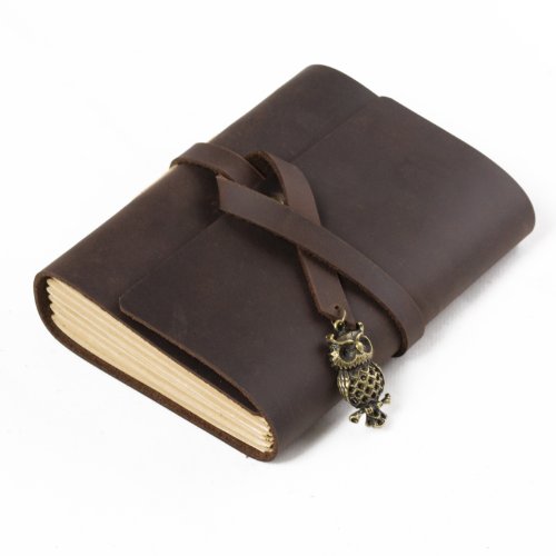 Ancicraft Small Genuine Leather Journal With Owl Charm Handmade Blank Craft Paper Brown A6 With Gift Box (A6(4.13X5.91Inch)) #TOP1