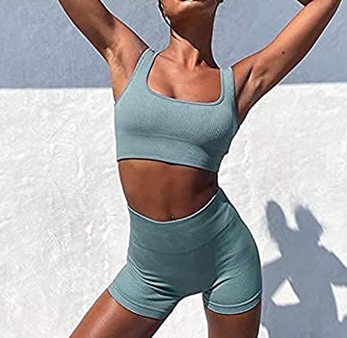 Women's Workout Outfits Ribbed Tank 2 Piece Seamless High Waist Gym Outfit Yoga Shorts Leggings Sets3